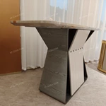 Warm Grey Stone Console Table with Gray Wood Sides and Cream Vertical Accents
